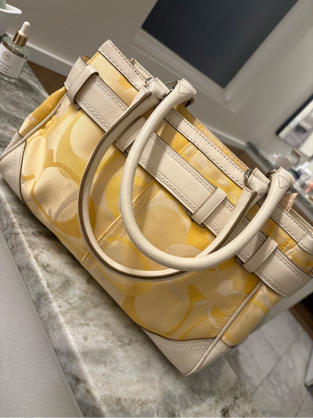 Coach Yellow Patterned Satchel with Cream Trim